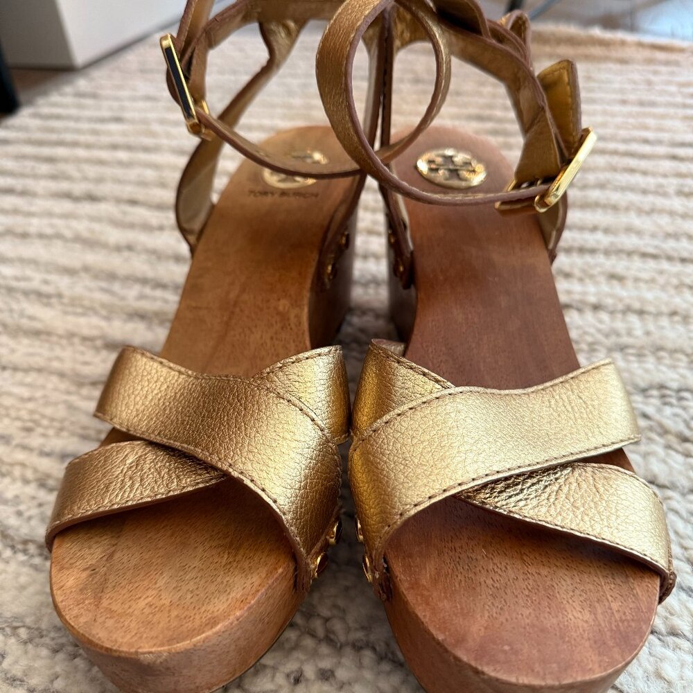 Tory Burch Gold Ridley Sandal w/Wood Platform